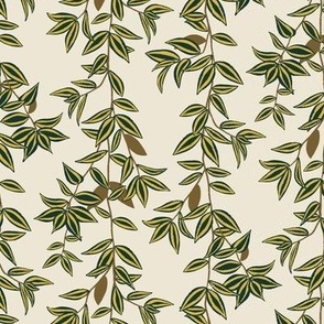 (S) Jungle Vines - tropical vine leaf pattern - green and mustard on cream