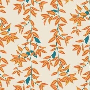 (S) Jungle Vines - tropical vine leaf pattern - coral and mustard yellow on cream