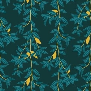 (S) Jungle Vines - tropical vine leaf pattern - teal and mustard yellow on deep green