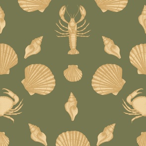 (L) Crustacean-core seafood mix yellow on muted green