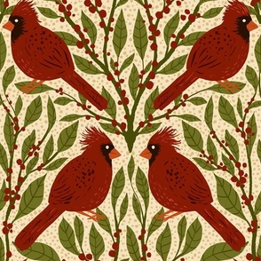 12" Cardinal Birds and Winterberry - Vintage Red and Olive Green