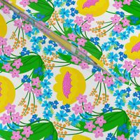 Wake Up Happy Flowers Mini Colorful Bright Retro Modern Grandmillennial Scandi Mid-Century Pink, Yellow, Green And Blue On White Trending Colorful Meadow Garden Botany Floral Repeat Wallpaper Pattern