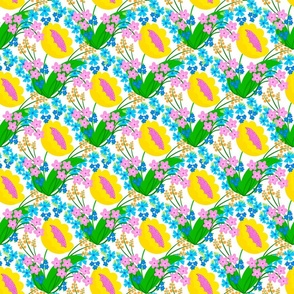 Wake Up Happy Flowers Mini Colorful Bright Retro Modern Grandmillennial Scandi Mid-Century Pink, Yellow, Green And Blue On White Trending Colorful Meadow Garden Botany Floral Repeat Wallpaper Pattern