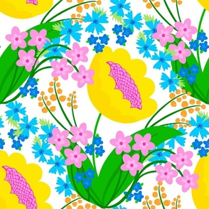 Wake Up Happy Flowers Colorful Bright Retro Modern Grandmillennial Scandi Mid-Century Pink, Yellow, Green And Blue On White Trending Colorful Meadow Garden Botany Floral Repeat Wallpaper Pattern