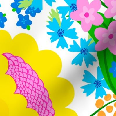 Wake Up Happy Flowers Big Colorful Bright Retro Modern Grandmillennial Scandi Mid-Century Pink, Yellow, Green And Blue On White Trending Colorful Meadow Garden Botany Floral Repeat Wallpaper Pattern
