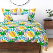 Wake Up Happy Flowers Big Colorful Bright Retro Modern Grandmillennial Scandi Mid-Century Pink, Yellow, Green And Blue On White Trending Colorful Meadow Garden Botany Floral Repeat Wallpaper Pattern