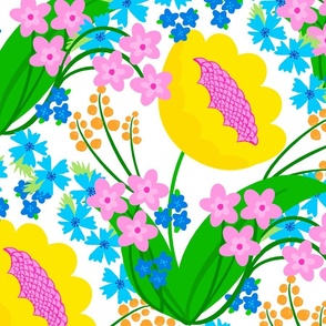 Wake Up Happy Flowers Big Colorful Bright Retro Modern Grandmillennial Scandi Mid-Century Pink, Yellow, Green And Blue On White Trending Colorful Meadow Garden Botany Floral Repeat Wallpaper Pattern