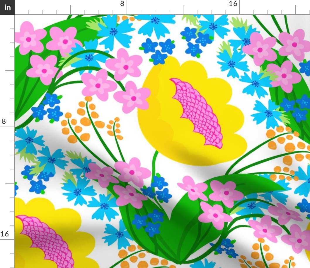 Wake Up Happy Flowers Big Colorful Bright Retro Modern Grandmillennial Scandi Mid-Century Pink, Yellow, Green And Blue On White Trending Colorful Meadow Garden Botany Floral Repeat Wallpaper Pattern