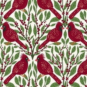 6" Cardinal Birds and Winterberry Holly - Burgundy and Fern Green