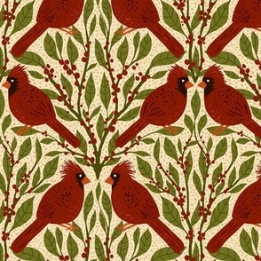 6" Cardinal Birds and Winterberry - Vintage Red and Olive Green
