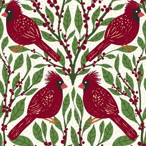 12" Cardinal Birds and Winterberry Holly - Burgundy and Fern Green