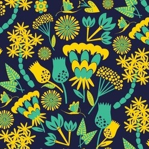 Scandi folk floral / dark blue / yellow / teal