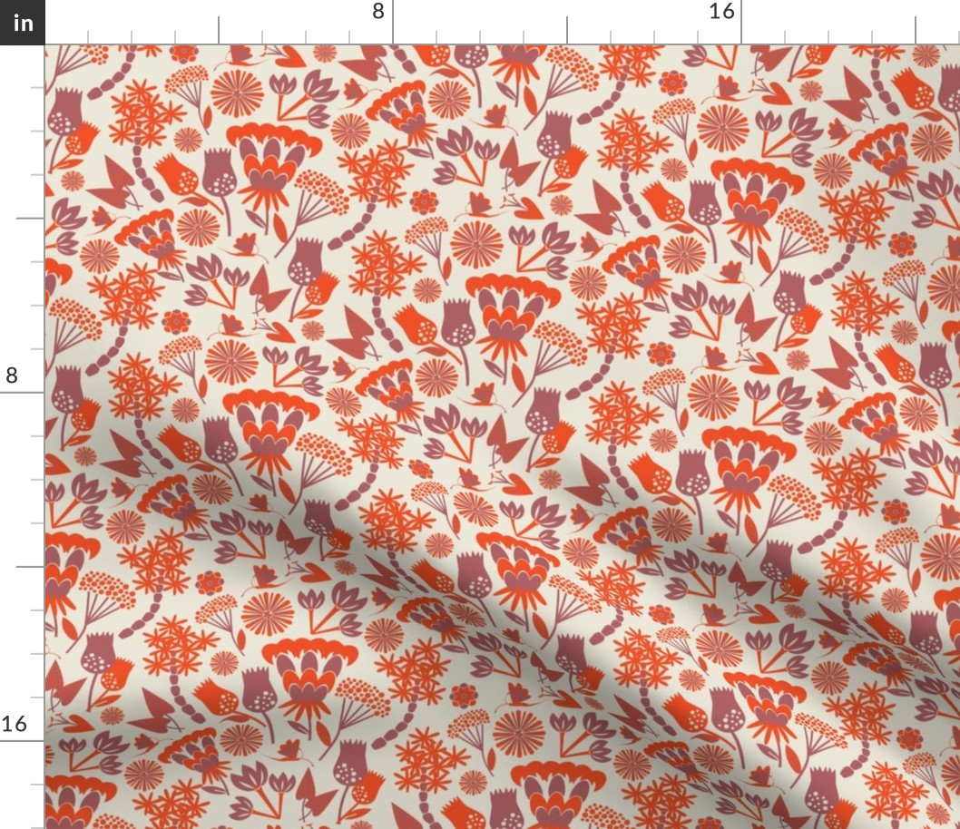 Scandi folk floral / orange / cream