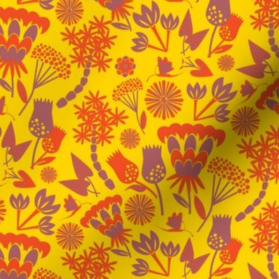 Scandi folk floral / orange / bright yellow