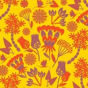 Scandi folk floral / orange / bright yellow