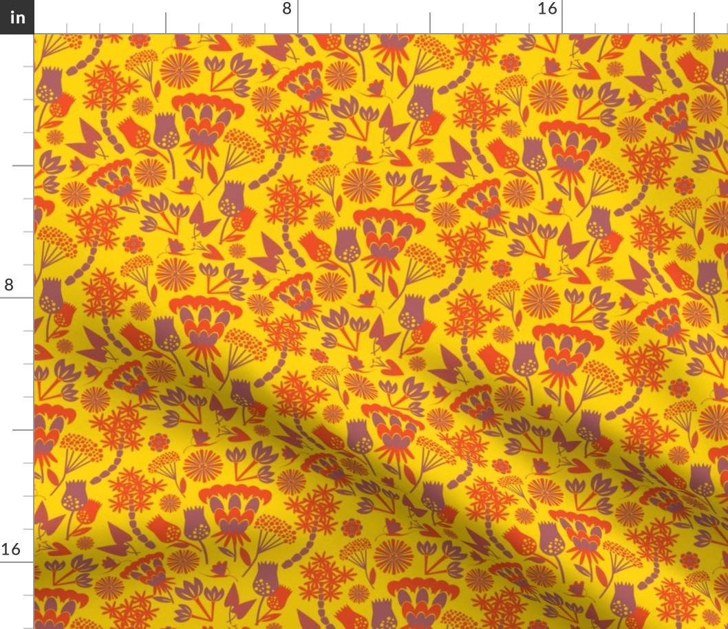 Scandi folk floral / orange / bright yellow