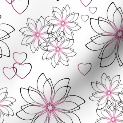 Simple retro floral pattern. White, pink flowers, with a black outline, hearts on a white background.