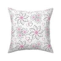 Simple retro floral pattern. White, pink flowers, with a black outline, hearts on a white background.