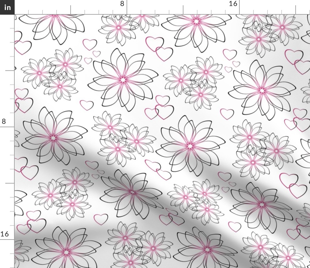 Simple retro floral pattern. White, pink flowers, with a black outline, hearts on a white background.