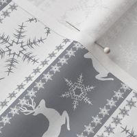 Winter Scandinavian pattern with deer and snowflakes. Gray, white striped background.