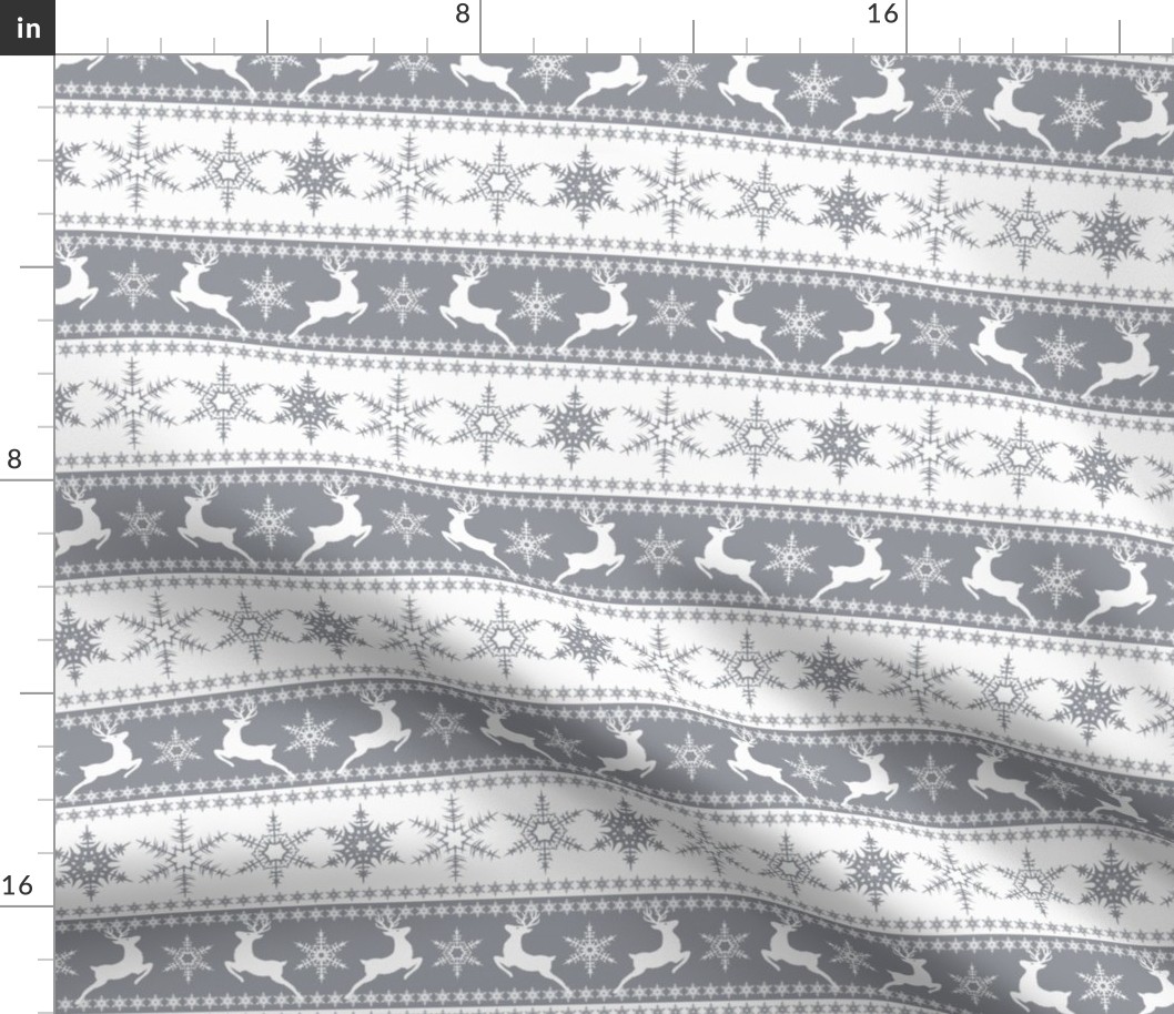 Winter Scandinavian pattern with deer and snowflakes. Gray, white striped background.