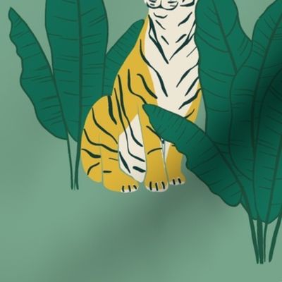 (L) Wandering Tiger - Tigers and Banana Leaves - Green on Mint 