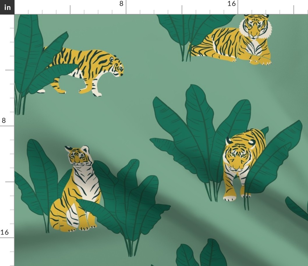 (L) Wandering Tiger - Tigers and Banana Leaves - Green on Mint 