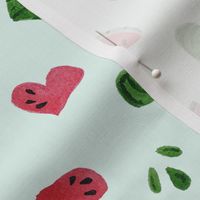 Summer Watermelon Slices and Hearts half-drop on Mint Green - Medium