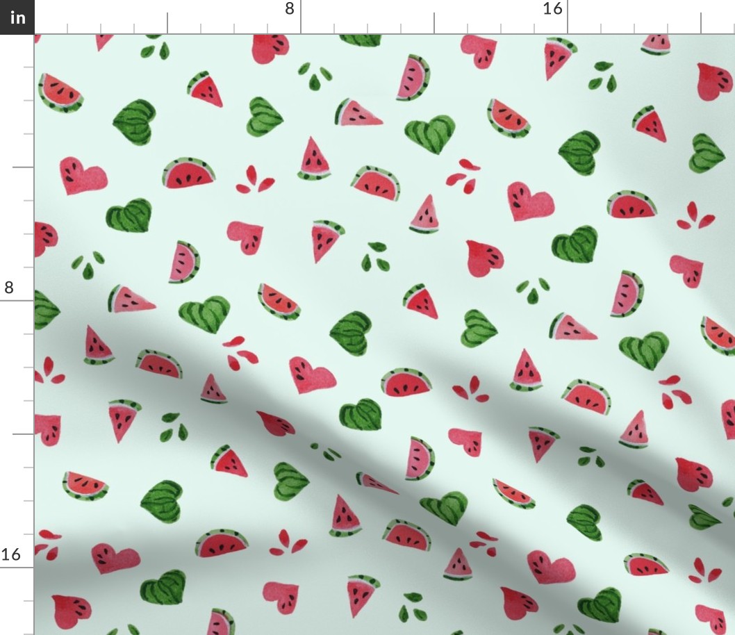 Summer Watermelon Slices and Hearts half-drop on Mint Green - Medium