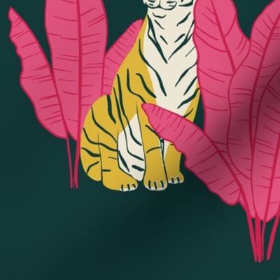 (L) Wandering Tiger - Tigers and Banana Leaves - Hot Pink on Deep Green