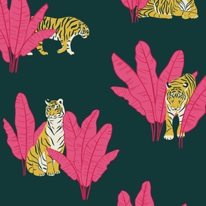 (L) Wandering Tiger - Tigers and Banana Leaves - Hot Pink on Deep Green