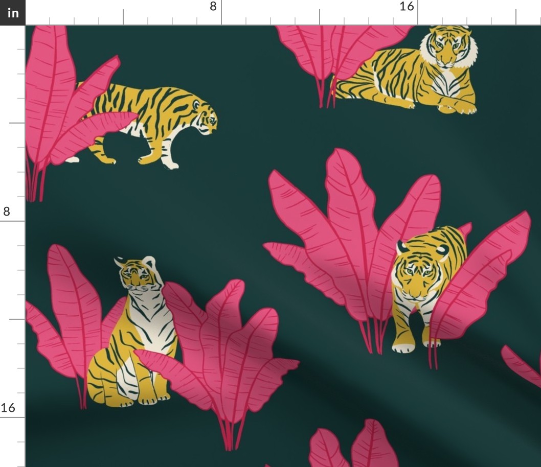 (L) Wandering Tiger - Tigers and Banana Leaves - Hot Pink on Deep Green