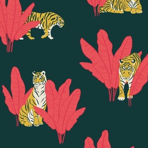 (L) Wandering Tiger - Tigers and Banana Leaves - Coral Orange on Deep Green