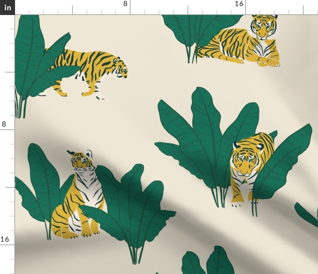 (L) Wandering Tiger - Tigers and Banana Leaves - Green on Cream
