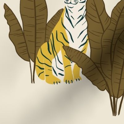 (L) Wandering Tiger - Tigers and Banana Leaves - Brown on Cream