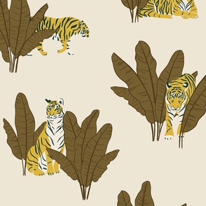 (L) Wandering Tiger - Tigers and Banana Leaves - Brown on Cream