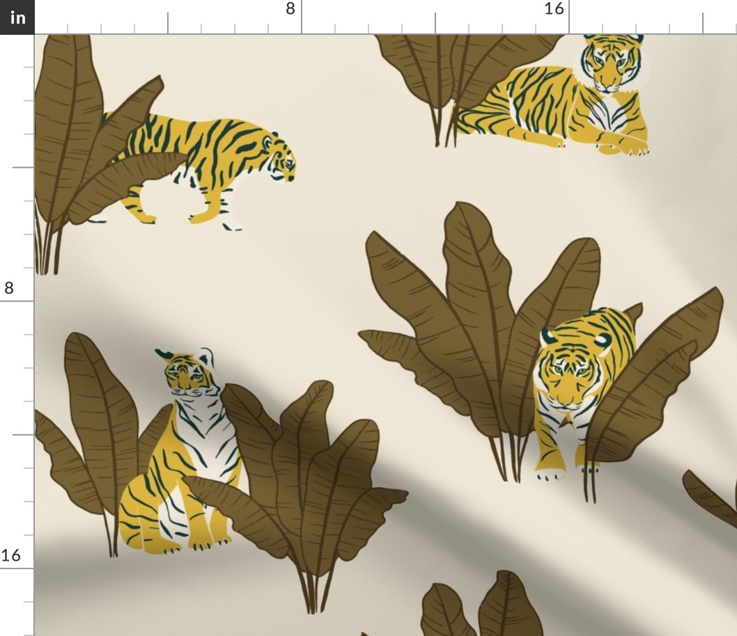 (L) Wandering Tiger - Tigers and Banana Leaves - Brown on Cream