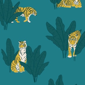 (L) Wandering Tiger - Tigers and Banana Leaves - Teal on Blue