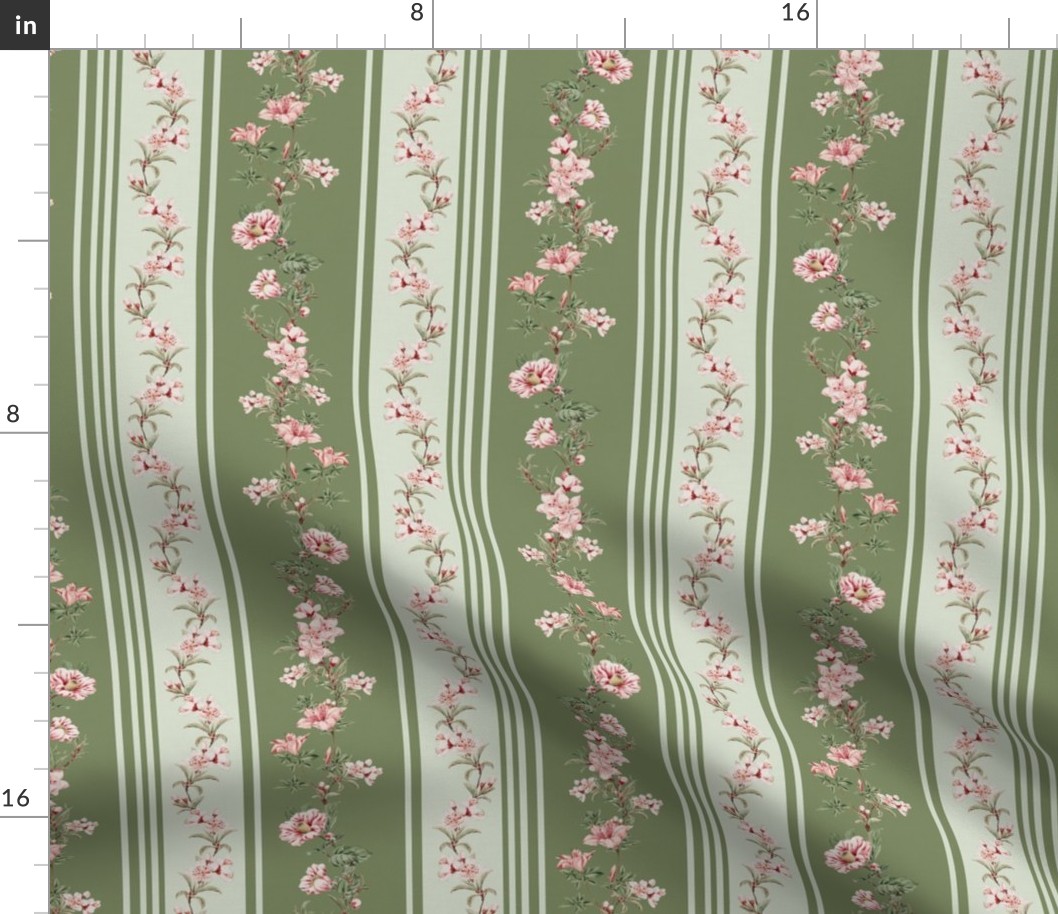 Exquisite Marie Antoinette Inspired Nostalgic Flower Tendrils And Vertical Stripes Garden: Antique Floral Garden, Springflowers, Vintage Wallpaper soft green 