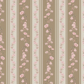 Exquisite Marie Antoinette Inspired Nostalgic Flower Tendrils And Vertical Stripes Garden: Antique Floral Garden, Springflowers, Vintage Wallpaper soft sepia brown and pink