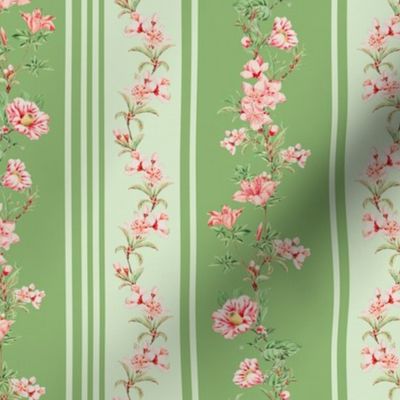 Exquisite Marie Antoinette Inspired Nostalgic Flower Tendrils And Vertical Stripes Garden: Antique Floral Garden, Springflowers, Vintage Wallpaper soft apple green