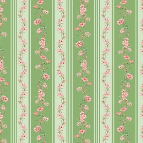 Exquisite Marie Antoinette Inspired Nostalgic Flower Tendrils And Vertical Stripes Garden: Antique Floral Garden, Springflowers, Vintage Wallpaper soft apple green
