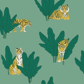 (M) Wandering Tiger - Tigers and Banana Leaves - Green on Mint 