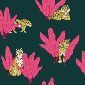 (M) Wandering Tiger - Tigers and Banana Leaves - Hot Pink on Deep Green