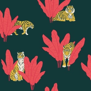 (M) Wandering Tiger - Tigers and Banana Leaves - Coral Orange on Deep Green