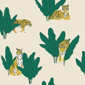 (M) Wandering Tiger - Tigers and Banana Leaves - Green on Cream