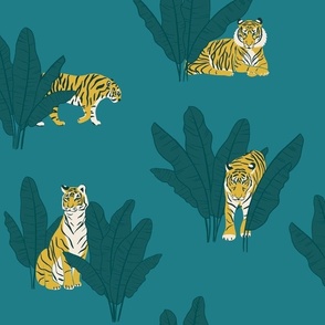 (M) Wandering Tiger - Tigers and Banana Leaves - Teal on Blue