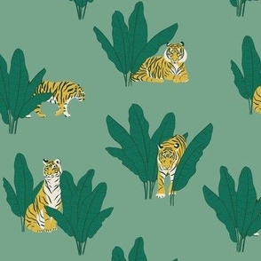(S) Wandering Tiger - Tigers and Banana Leaves - Green on Mint 