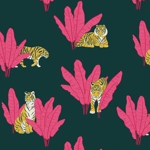 (S) Wandering Tiger - Tigers and Banana Leaves - Hot Pink on Deep Green