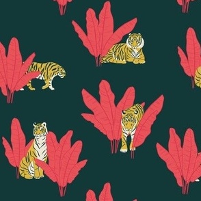 (S) Wandering Tiger - Tigers and Banana Leaves - Coral Orange on Deep Green